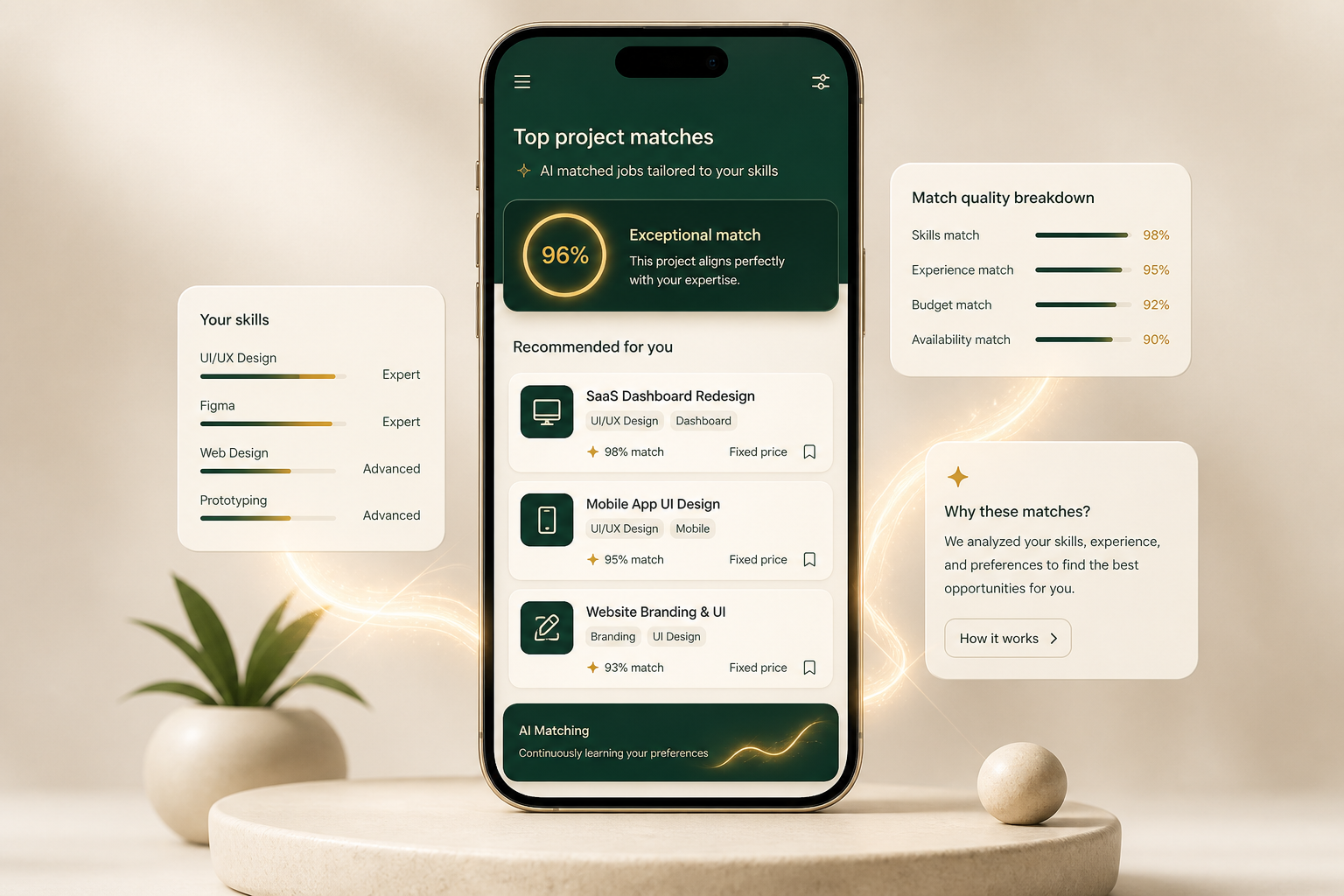AI project matching interface recommending relevant freelance opportunities